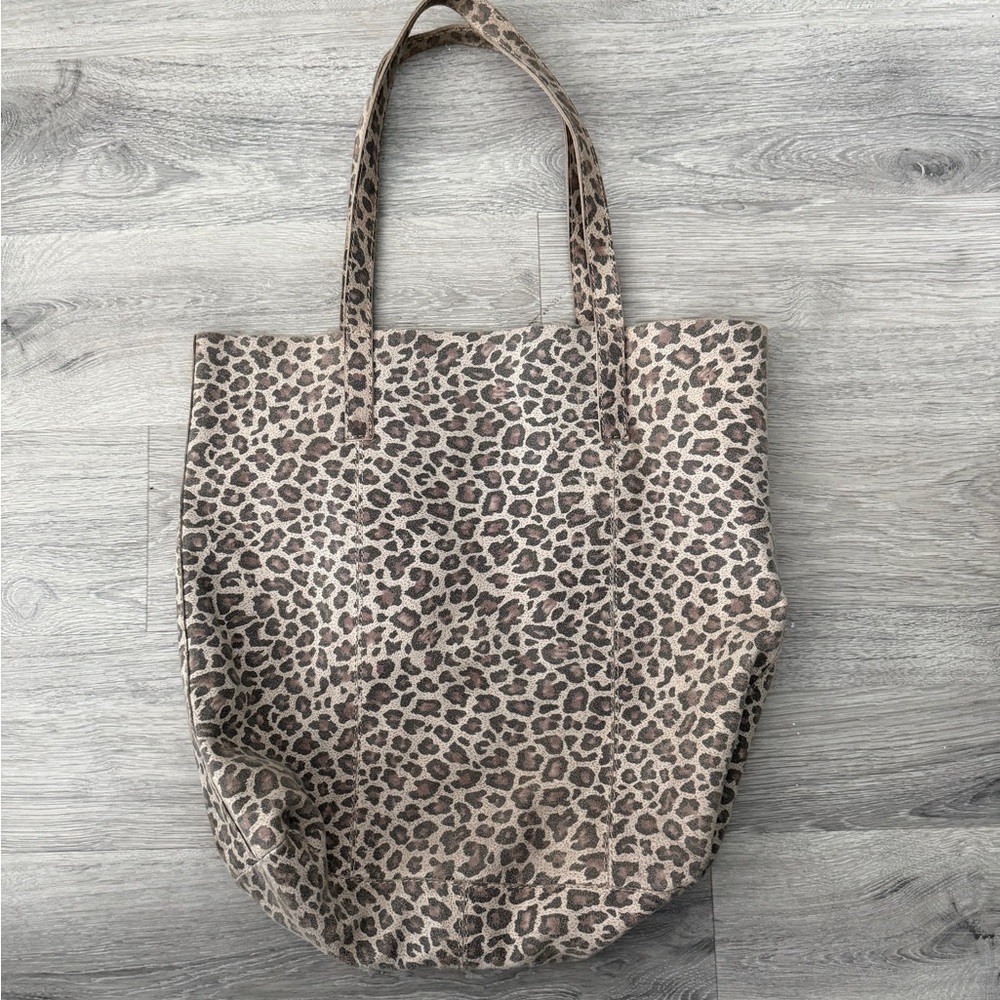 Anthropologie Genuine Leather Leopard Print Tote Bag Pink
